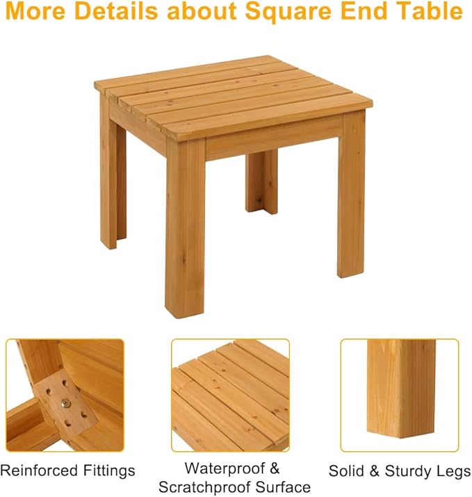 VINGLI Outdoor Adirondack Side Table W/Natural Finished, 18" Square Thick Wooden Coffee Table Top, Stable Large Weight Capacity Conversation End Table for Patio Backyard, Garden, Poolside and Balcony
