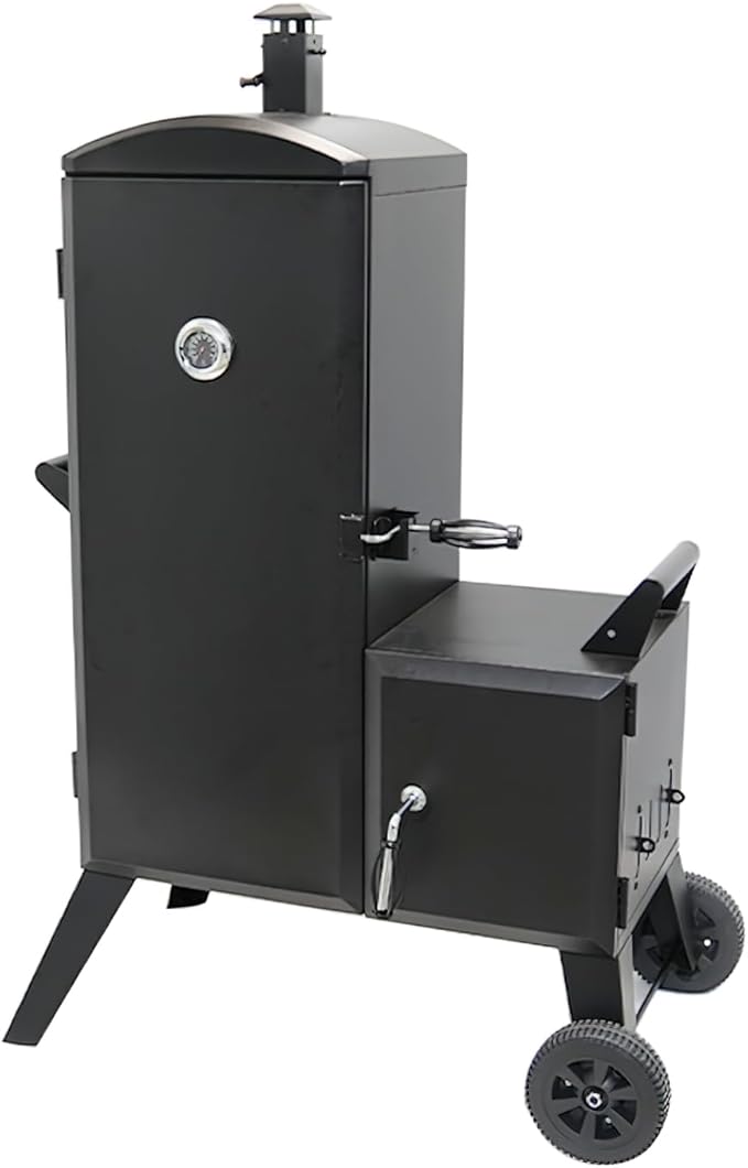 Vertical Cabinet Charcoal Smoker, Black Steel, BBQ Grill with Wheels, Temperature Gauge, Removable Ash Pan, 53x20x35 Inches