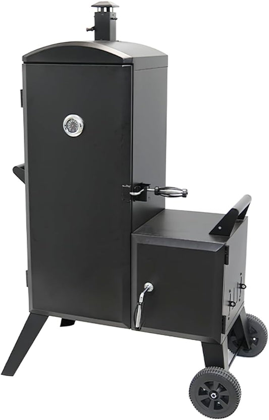 Vertical Cabinet Charcoal Smoker, Black Steel, BBQ Grill with Wheels, Temperature Gauge, Removable Ash Pan, 53x20x35 Inches