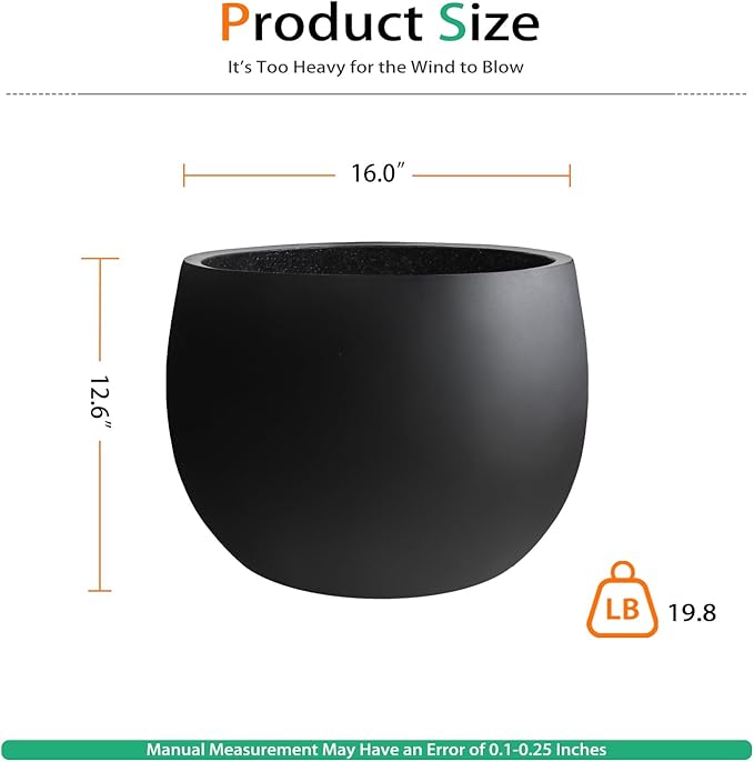 Ball Concrete Planter Outdoor Indoor, Large Tall Cement Plant Pots for Trees Flowers (Black, 16 inch)