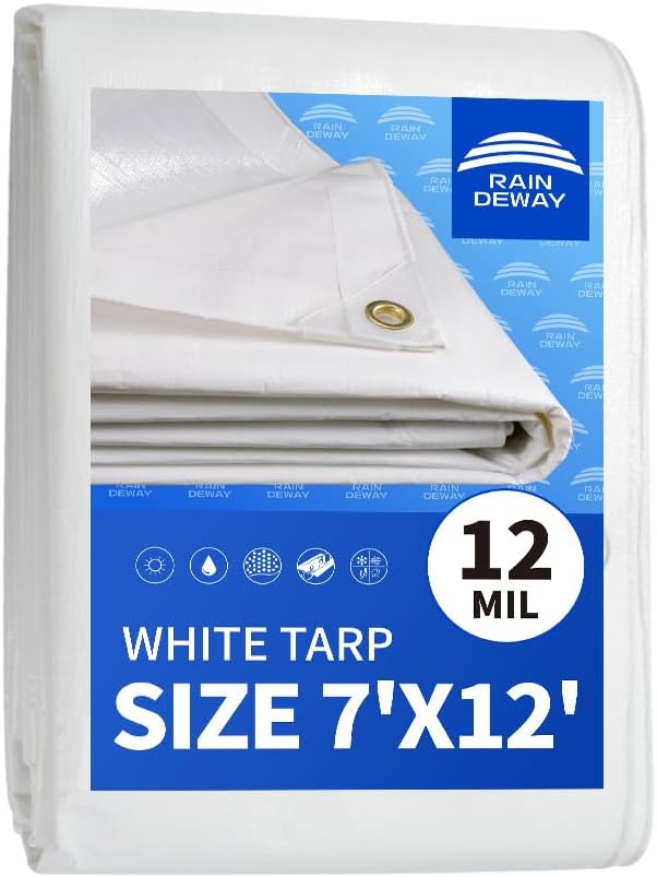 12 Mil Heavy Duty White Tarps 7' X 12', Extra Thick,Durable,Waterproof, UV Resistant, Weatherproof Poly Tarp,with Metal Grommets and Reinforced Edge (Finished Size)-by Raindeway