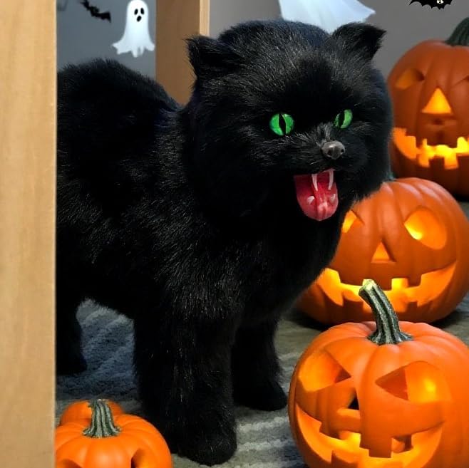 Spooky Black Cat Statue - Realistic Halloween Cat Decor, Witch’s Familiar Prop for Haunted House, Gothic Party, Scary Prank