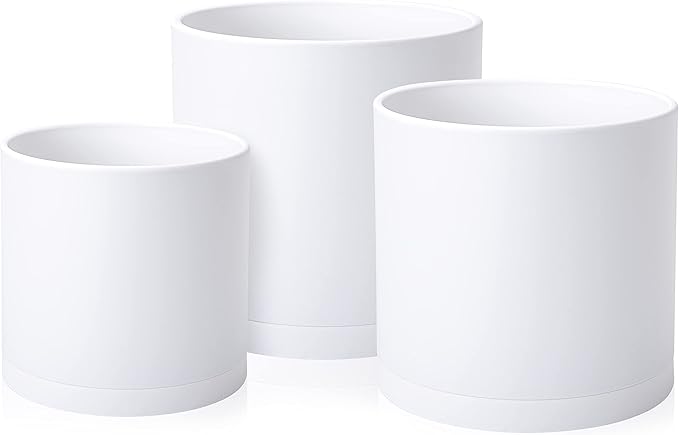 D'vine Dev 10 Inch 12 Inch 14 Inch, Set of 3 Plastic Planter Pots for Plants with Drainage Hole and Seamless Saucers, White Color, XX-Large, 74-V-A-6