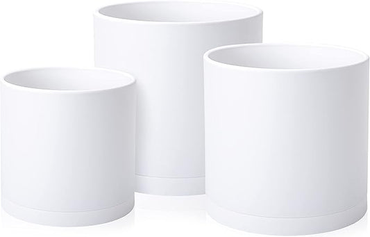 D'vine Dev 10 Inch 12 Inch 14 Inch, Set of 3 Plastic Planter Pots for Plants with Drainage Hole and Seamless Saucers, White Color, XX-Large, 74-V-A-6