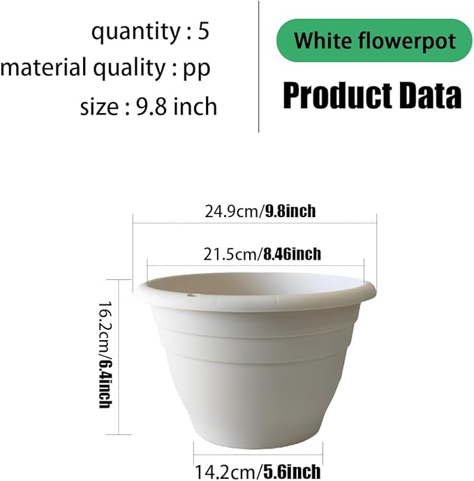 Plant Pots Set of 5, 10" Outside Diameter Flower Pots, 8.5" Inner Diameter Plant Planters with Drainage Hole, Durable Garden Pots Perfect for Indoor & Outdoor Plant Planting, Decor, White