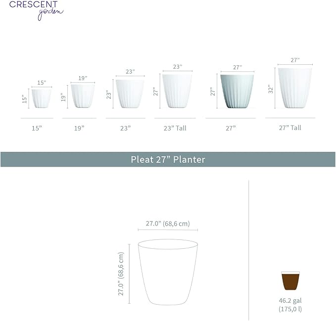 Crescent Garden Pleat Modern Decorative Planter, Indoor/Outdoor Pot, Resin Plant Pot with Drain Hole - 27" W x 27" H (Cloud White)