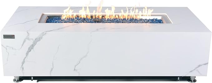 Elementi+ | Carrara Gas Fire Pit | Marble Porcelain & Metal Frame | 60" Rectangular Fire Table | Electronic Ignition | Canvas Cover, Fire Glass & Burner Lid Included | White | Propane Gas