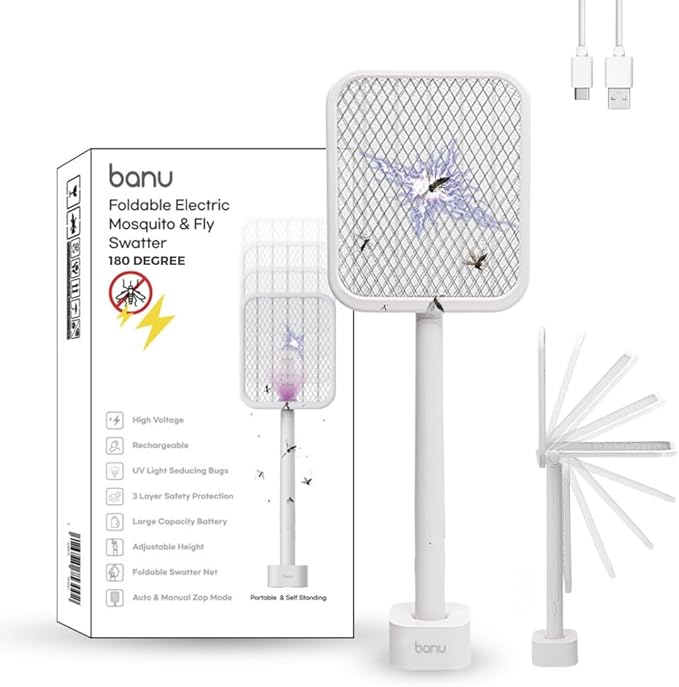 Banu Electric Fly Swatter Bug Zapper Racket, 180-Degree Folding, Adjustable 2-in-1 Mosquito Killer Lamp, Rechargeable 1200mAh Battery, 3-Layer Safety Mesh, Suitable for Indoor and Outdoor Use