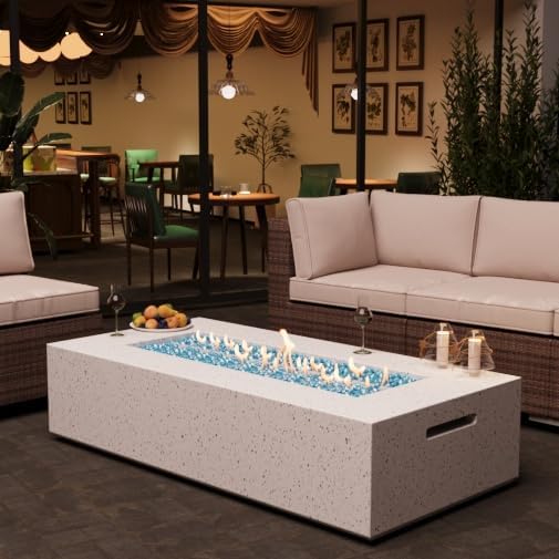 Outdoor Propane Fire Pit Table – Premium Terrazzo-Like MgO Finish, 56-Inch Gas Fire Table for Patio, Garden & Backyard, Includes Rain Cover & Glass Beads