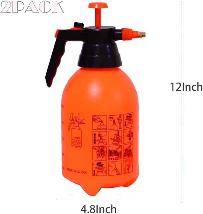 1/2 Gallon Handheld Pump Sprayer, 2 Pack Garden Pressure Sprayer with Adjustable Brass Nozzle, Multi-Purpose 75 Oz Water Spray Bottle Ideal for Watering, Fertilizing, Cleaning (Orange-2L)