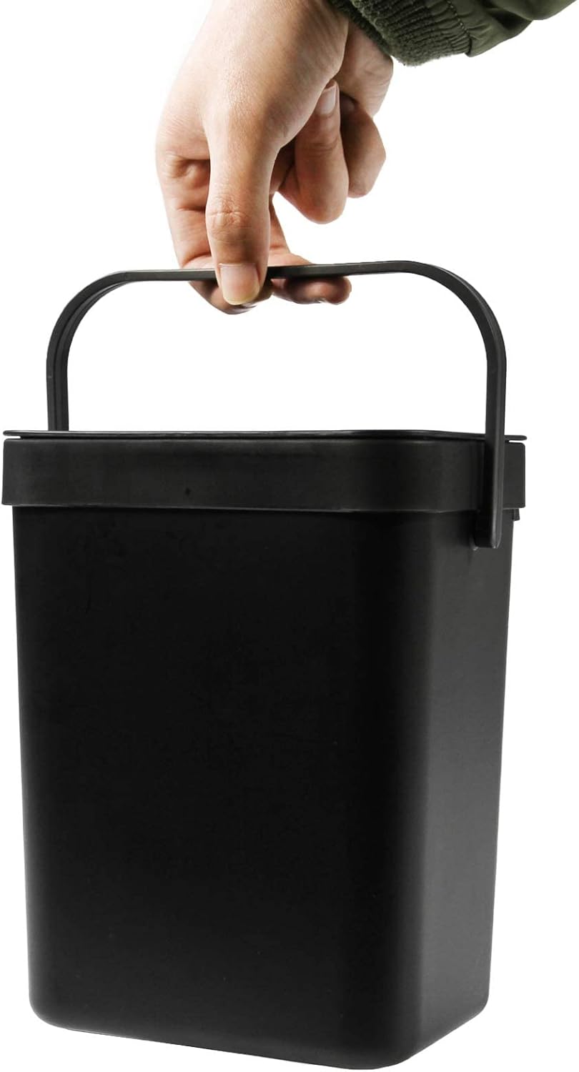 Domiella 2 Pack 1.3 + 0.8Gal Hanging Small Trash Can with Lid, Kitchen Compost Bin for Counter Top Under Sink, Sealed Food Waste Bin, Mountable Indoor Compost Bucket for Cupboard/Bathroom (Black)
