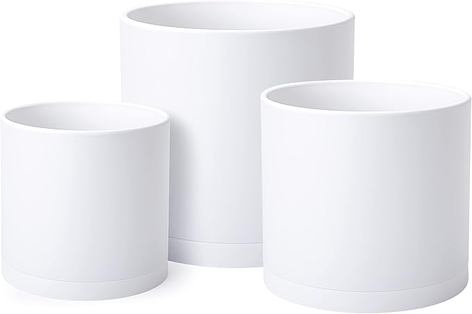 D'vine Dev 6.5 Inch 8 Inch 10 Inch, Set of 3 Plastic Planter Pots for Plants with Drainage Hole and Seamless Saucers, White Color, Large, 74-V-A-4