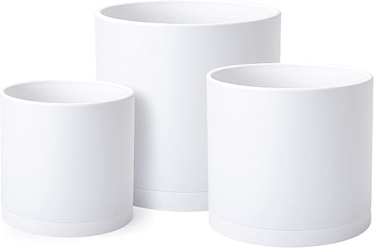 D'vine Dev 6.5 Inch 8 Inch 10 Inch, Set of 3 Plastic Planter Pots for Plants with Drainage Hole and Seamless Saucers, White Color, Large, 74-V-A-4