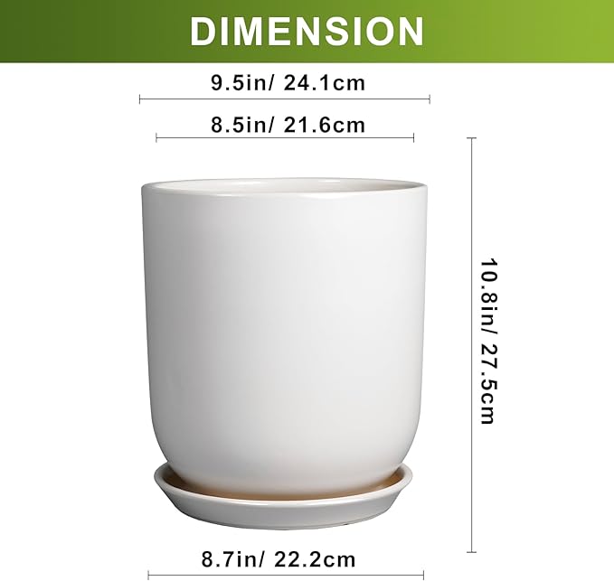 Pots for Plants - 10 Inch Ceramic Plant Pot with Drainage Hole and Saucer Large Planter for Plants Indoor Outdoor Modern Flower Pot for Home Decor White