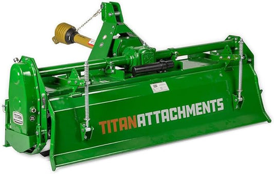 Titan Attachments 3 Point 60" Rotary Tiller Attachment, Fits Cat 1 Tractors, Green Finish, PTO Driven Cultivator with a 540 RPM Gearbox, Replaceable Tines, Aerates Ground Soil