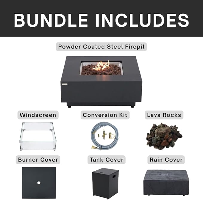 Ashton 36” Propane Fire Pit Smokeless Firepit Converts to Outdoor Gas Fire Pit for Outside Patio Firepit Table Includes Windscreen Rain & Tank Cover Lava Rocks Lid CSA Certified