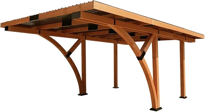 18.3 x 12.6 x 7.7 FT Curved Carport, Wood Outdoor Gazebo Pavilion with Hardtop Sloped Steel Roof, Heavy Duty Waterproof Car Port for Backyard, Patio, Deck and Lawn