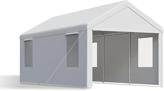 Carport, 10x20 ft White Heavy Duty Carport with Roll-up Windows, Portable Garage with Removable Sidewalls & Doors, Car Canopy and All-Season Tarp for Car Boat Truck Motorcycle