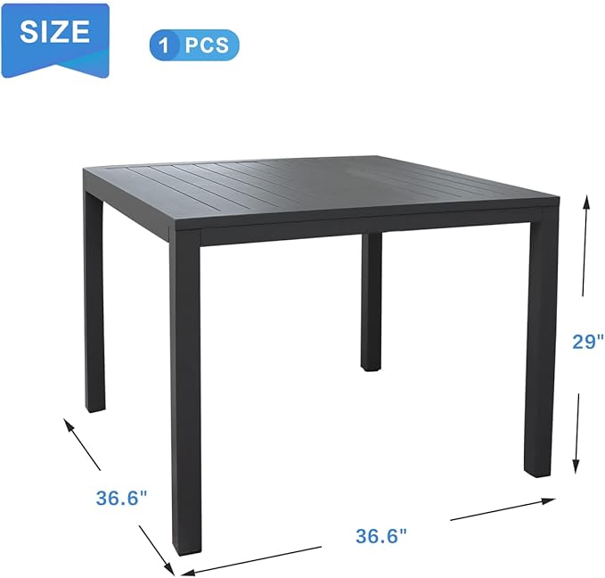 36 Inch Aluminum Outdoor Dining Table - Square Patio Table for 4-Person, Weather-Resistant Dining Table Furniture for Lawn Backyard Garden Deck Kitchen Indoor Outdoor Use (Black)