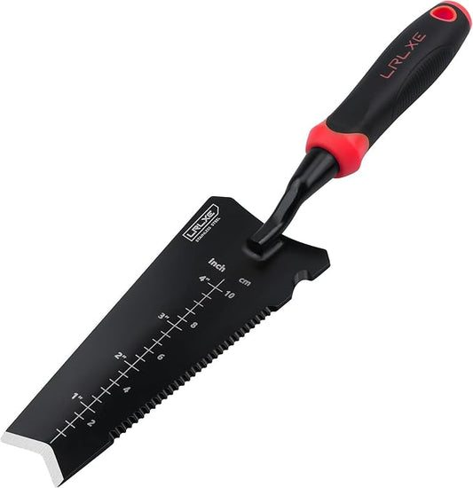 Gardening Shovel Tool, LRLXE Heavy Duty Stainless Steel Garden Transplant Shovel, Root Cutter, All-Purpose Small Hand Shovel with Serrated Edge for Digging and Transplanting(Red)