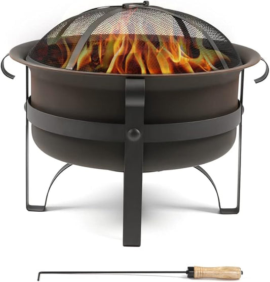 Wostore Wood Burning Fire Pits for Outside 23.5 Inch Portable Bronze Cauldron Camping Bonfire Patio Backyard Fireplace with Spark Screen and Poker