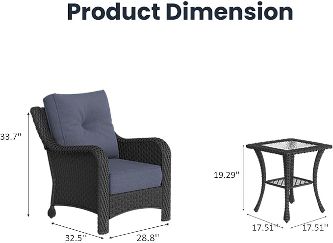 3 Pieces Outdoor Patio Furniture Sets with Single Chairs with 6-inch Thick Cushion and Side Table for Deck Lawn