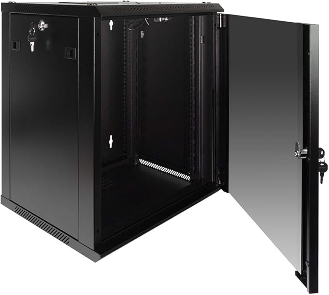NavePoint 12U Server Rack Enclosure with Glass Door, Cooling Fan, Locks, & Removable Side Panels - 12U Wall Mount Network Cabinet 19 Inch Rack 17.7" Deep (450mm)