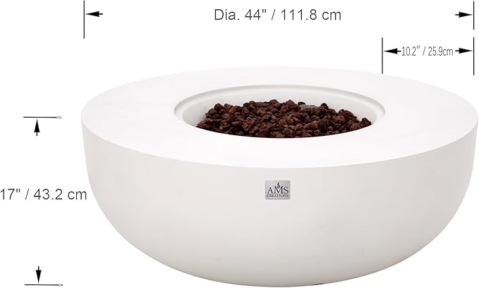 AMS Creations | Eclipse 44" Bundle Round Cast Concrete Propane Gas Fire Pit Bowl Table | Cream White | Smooth Texture Surface | Electronic Ignition | Outdoor Patio Heater Outside Backyard Fireplace