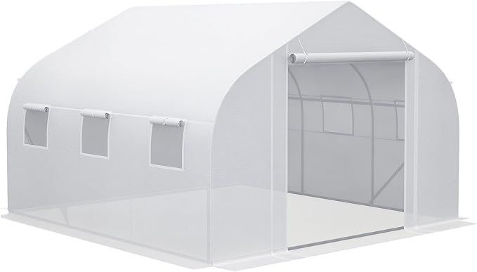 Outsunny 11.5' x 10' x 6.5' Walk-in Greenhouse, Tunnel Green House with Zippered Mesh Door and 6 Mesh Windows, Gardening Plant Hot House with Galvanized Steel Frame, White