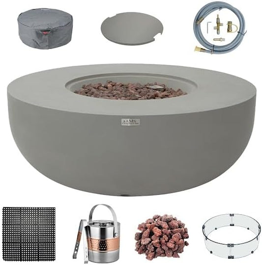AMS Creations | Eclipse 44" Bundle Round Cast Concrete Natural Gas Fire Pit Bowl Table | Light Gray | Smooth Texture Surface | Electronic Ignition | Outdoor Patio Heater Outside Backyard Fireplace