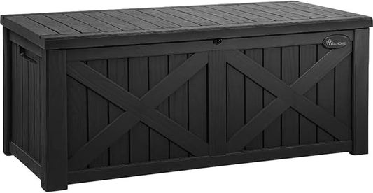 YITAHOME 120 Gallon Large Outdoor Storage Box with X-Shaped Front, Waterproof Resin Deck Box Cushion Storage Bench for Patio, Pool Supplies, Garden Tools - Lockable, Black