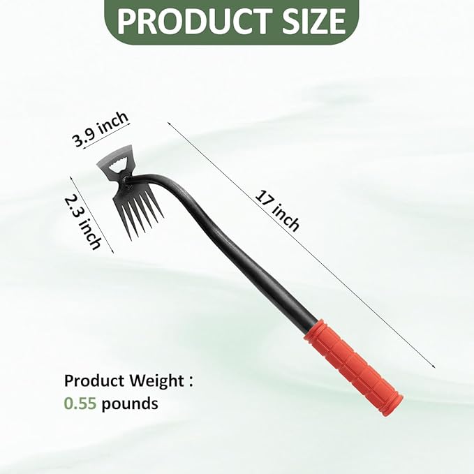 Weed Puller, Manual Weed Remover Tool with Rubber Handle, 6-Tine Forged Manganese Steel Weed Puller Tool Weeder for Yard Farm Garden