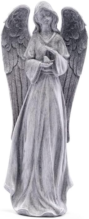 Napco Imports Decorative 8 Inch Indoor or Outdoor Sculpture Figurine Garden Statue Grey Angel Holding Bird