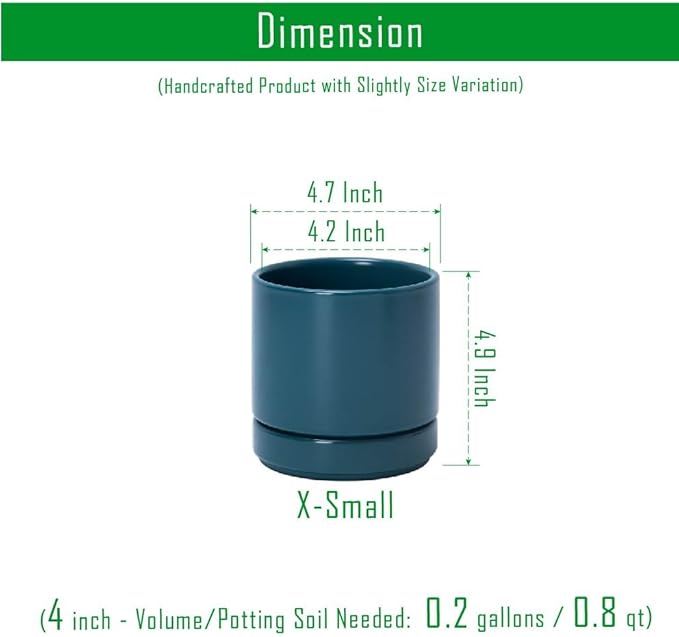 D'vine Dev 4.7 Inch Ceramic Planter Pot with Drainage Hole and Saucer, Indoor Cylinder Round Planter Pot, Teal, 94-O-B-9