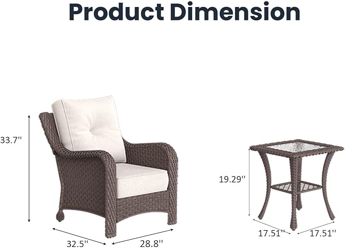 3 Pieces Outdoor Patio Furniture Sets with Single Chairs with 6-inch Thick Cushion and Side Table for Deck Lawn