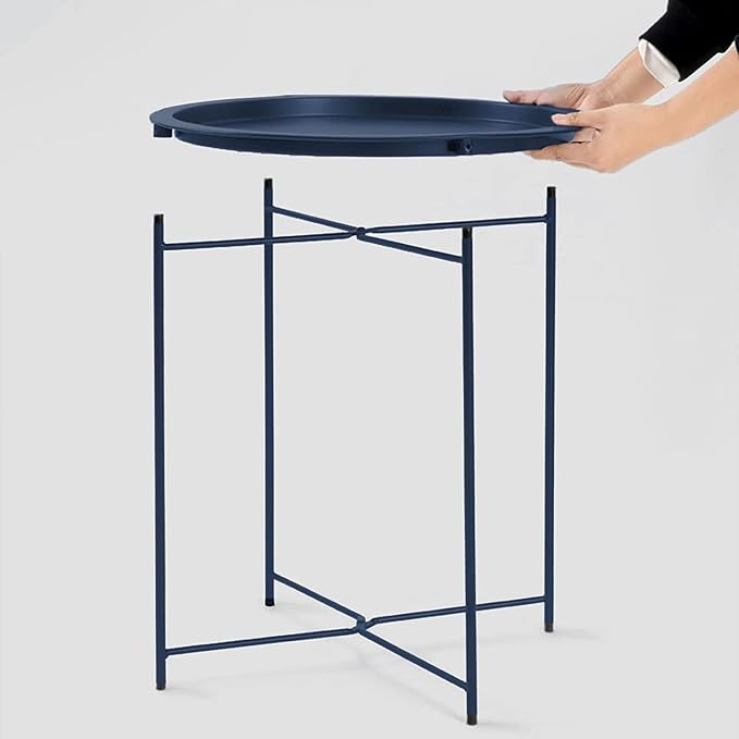 Garden 4 you End Table 2 PCS Metal Side Table Dark Blue Round Folding Tray Cyan Sofa Small Accent Fold-able Table, Round End Table Tray, Next to Sofa Table, Snack Table for Living Room and Bed Room