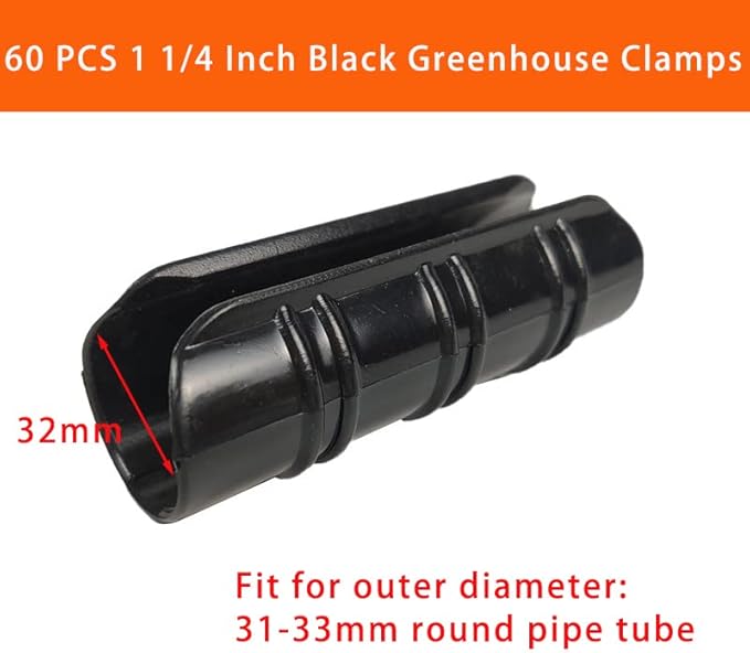 60PCS Greenhouse Clips 1 1/4 Inch Greenhouse Clamps Black Plastic Clamps Garden Buildings Tube Clips for PVC Pipe Greenhouse Films, Sunshade Nets, Row Covers, Shelters, Farming, Gardening