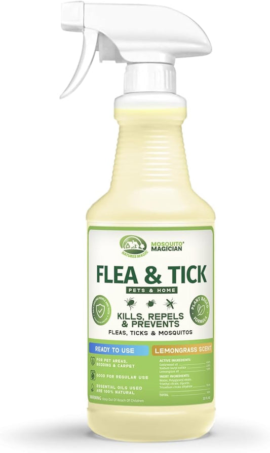 Mosquito Magician Indoor and Outdoor Spray - Use for Carpet, Furniture, Bedding, Couches & Pets – Plant-Sourced with Essential Oil – Lemongrass, 32 OZ