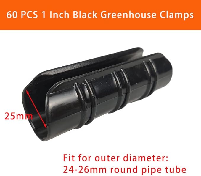 60PCS Greenhouse Clips 1 Inch Greenhouse Clamps Black Plastic Clamps Garden Buildings Tube Clips for PVC Pipe Greenhouse Films, Sunshade Nets, Row Covers, Shelters, Farming, Gardening