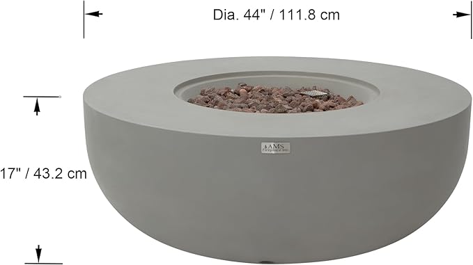 AMS Creations | Eclipse 44" Round Cast Concrete Propane Gas Fire Pit Bowl Table | Light Gray | Smooth Texture Surface | Electronic Ignition | Outdoor Patio Heater Outside Backyard Fireplace