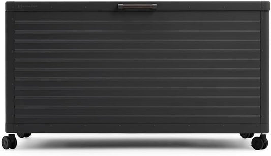 134 Gallon Outdoor Storage Box Waterproof, Metal Deck Box with wheels for Patio Furniture, Garden Tools, Outdoor Cushion, Charcoal