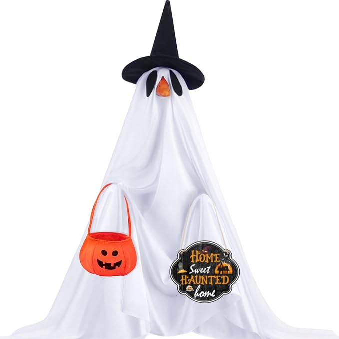 4 Pcs Halloween Porch Goose Outfits Ghost with Accessories Yard Garden Lawn Goose Clothes for Plastic Cement Goose Statue 23" Fall Ghost Porch Goose Costume Set for Patio Outdoor Decoration