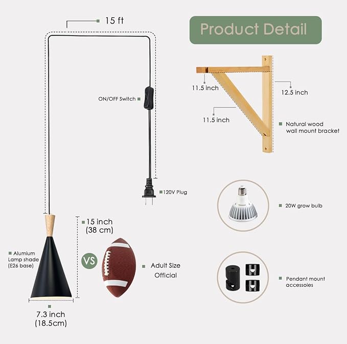Hanging Grow Light, 20W Full Spectrum Pendant Grow Lights 15FT Power Cord, Decorative Grow Light for Indoor Plants, Flowers, Garden (Ceiling Mounted Hooks&Wall Mounted Bracket Included)