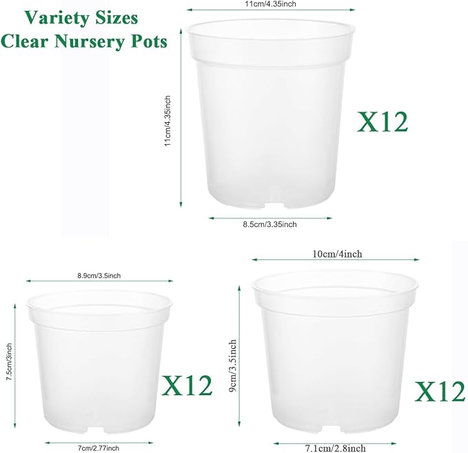 36 Packs 3.5/4/4.3 Inch Clear Nursery Pots for Plants Variety Pack, Transparent Plastic Plant Pots with Drain Holes, Seed Starting Pot Clear Planter Container with 20 Plant Labels for Gardening