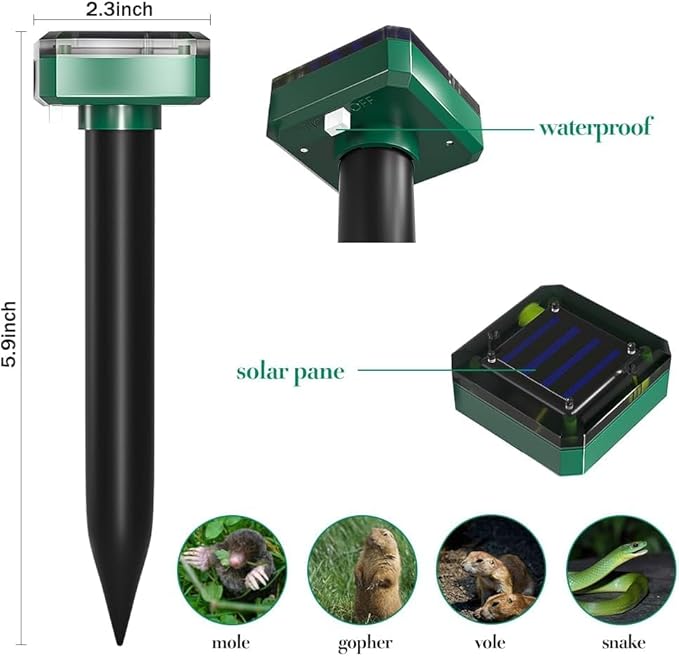 Mole Repellent Solar Powered - Ultrasonic Mole Vole Repeller Outdoor Deterrent, Rodent Snake Chipmunk Gopher Repellent for Lawns Garden Yard (8 Packs)