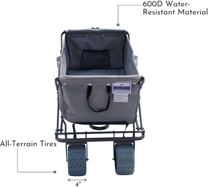 Impact Canopy Folding Collapsible Utility Wagon with All-Terrain Wheels, Grey