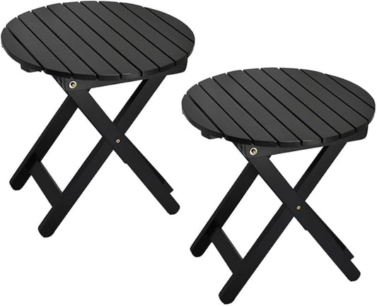 Small Round Folding Side Table Set of 2, Patio Foldable Wooden End Tables for Outdoor Indoor Porch Camping Living Room Bedside Couch, as Coffee Table or Plant Stand, Black