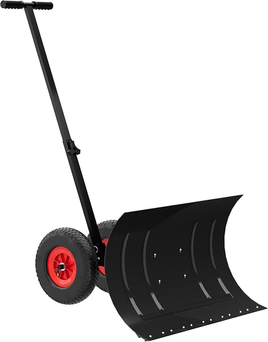 15" H X 30" W Metal Snow Pusher with Wheels, Adjustable Angle & Height Handle for Effortless Snow Removal | Ergonomic Double-Rod Design for Driveway & Sidewalk