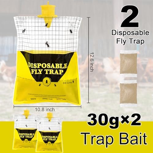 Glovv 2 Pack 10.8 * 12.6 Inch Big Fly Trap for Patio, Bags Outdoor Disposable, Hanging Flies Catcher with Bait, Ranch Repellent Hunter Killer Stable Horse Control for Barn, Farm, Bugs