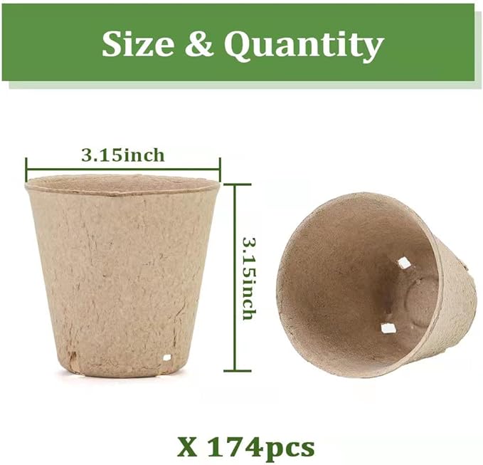 Seed Starter Trays, 174 Pcs 3.15 Inch Round Biodegradable Peat Pots, Drainage Holes Nursery Pot, (Light Brown Round)
